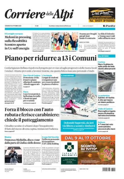 Prima pagina Corriere delle Alpi | Belluno