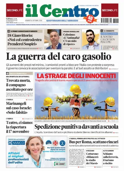 Prima pagina Il Centro | L'Aquila