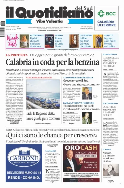 Prima pagina Il Quotidiano del Sud | Vibo Valentia