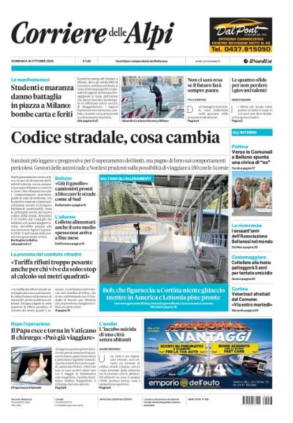 Prima pagina Corriere delle Alpi | Belluno