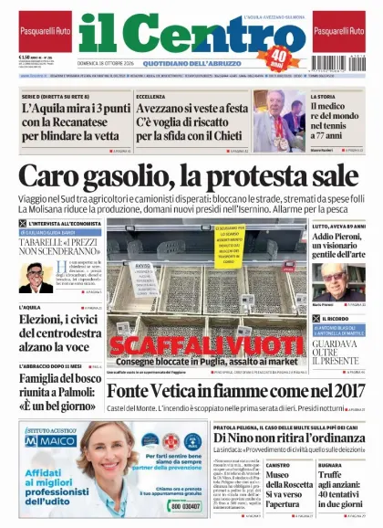 Prima pagina Il Centro | L'Aquila