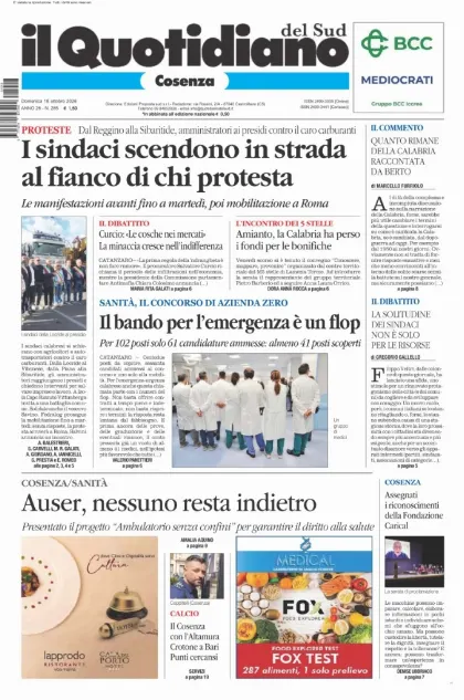 Prima pagina Il Quotidiano del Sud | Cosenza