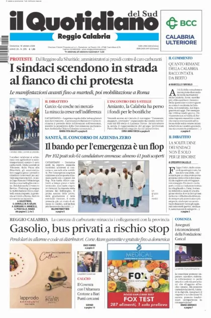 Prima pagina Il Quotidiano del Sud | Reggio Calabria
