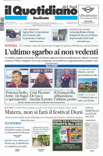 Prima pagina Il Quotidiano del Sud | Basilicata