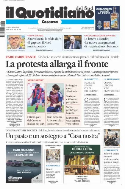 Prima pagina Il Quotidiano del Sud | Cosenza