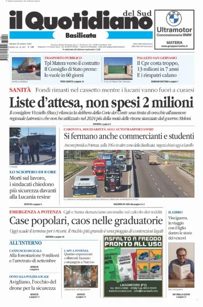 Prima pagina Il Quotidiano del Sud | Basilicata