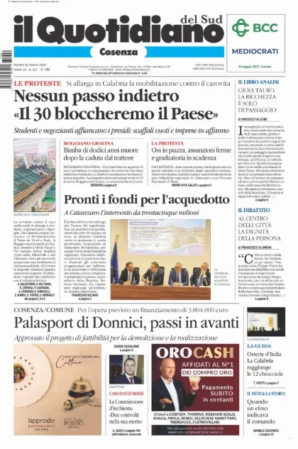 Prima pagina Il Quotidiano del Sud | Cosenza