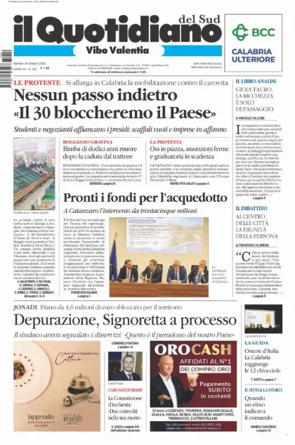Prima pagina Il Quotidiano del Sud | Vibo Valentia
