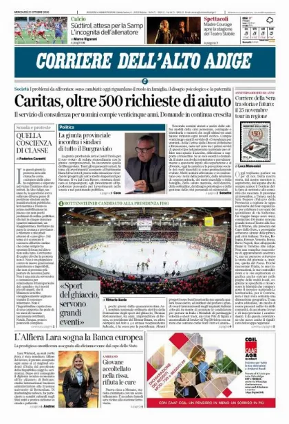 Prima pagina Corriere dell'Alto Adige