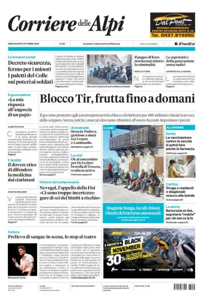 Prima pagina Corriere delle Alpi | Belluno