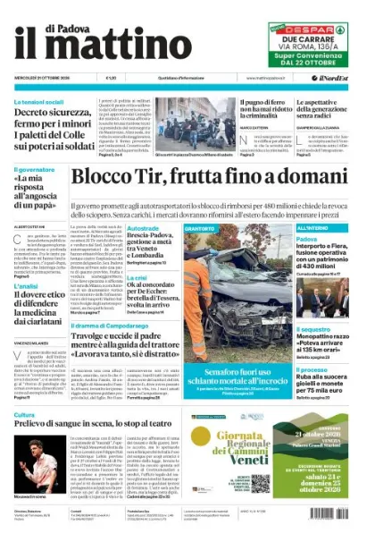 Prima pagina Il Mattino di Padova del 21 Ottobre 2026