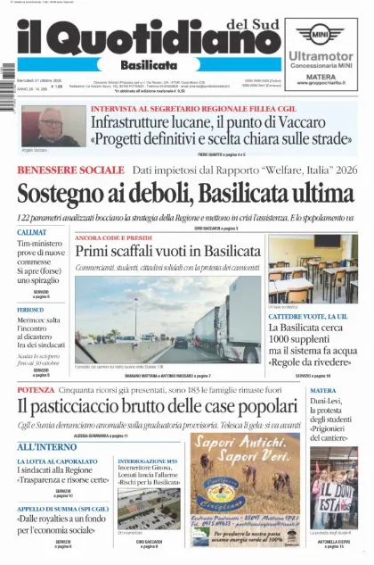Prima pagina Il Quotidiano del Sud | Basilicata