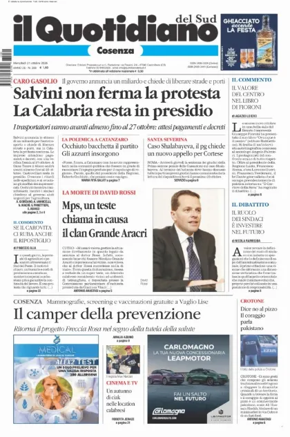 Prima pagina Il Quotidiano del Sud | Cosenza