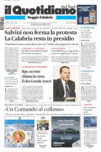 Prima pagina Il Quotidiano del Sud | Reggio Calabria