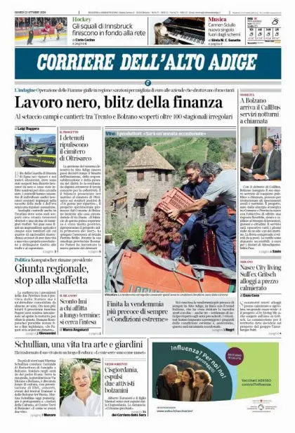 Prima pagina Corriere dell'Alto Adige