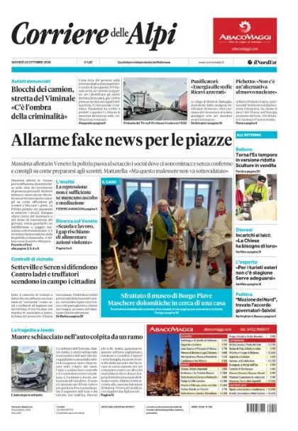 Prima pagina Corriere delle Alpi | Belluno