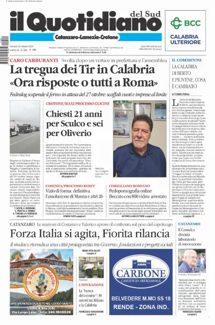 Prima pagina Il Quotidiano del Sud | Catanzaro, Lamezia e Crotone
