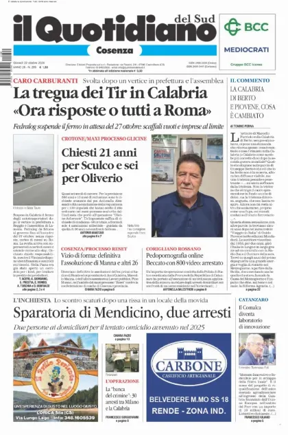 Prima pagina Il Quotidiano del Sud | Cosenza