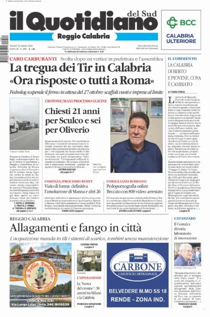 Prima pagina Il Quotidiano del Sud | Reggio Calabria