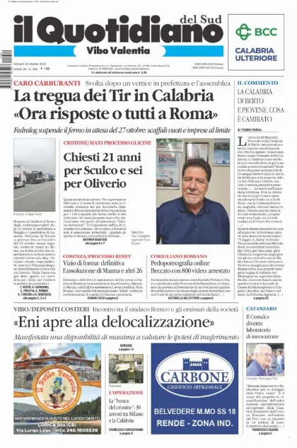 Prima pagina Il Quotidiano del Sud | Vibo Valentia