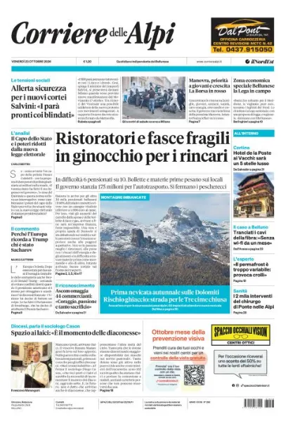 Prima pagina Corriere delle Alpi | Belluno