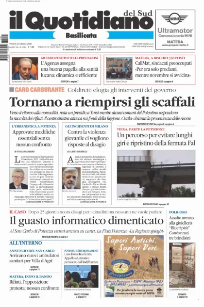 Prima pagina Il Quotidiano del Sud | Basilicata
