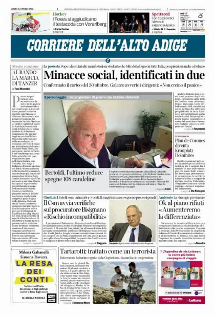 Prima pagina Corriere dell'Alto Adige