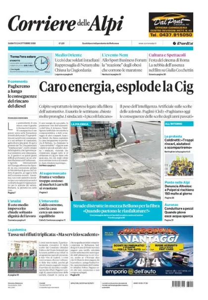 Prima pagina Corriere delle Alpi | Belluno