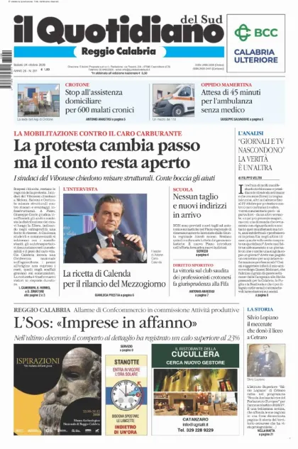 Prima pagina Il Quotidiano del Sud | Reggio Calabria
