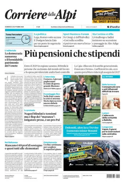 Prima pagina Corriere delle Alpi | Belluno