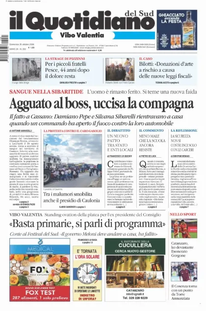 Prima pagina Il Quotidiano del Sud | Vibo Valentia