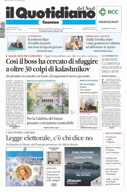 Prima pagina Il Quotidiano del Sud | Cosenza