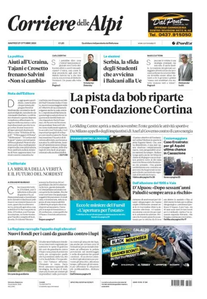 Prima pagina Corriere delle Alpi | Belluno