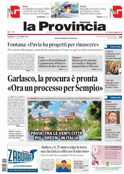 Prima pagina La Provincia Pavese