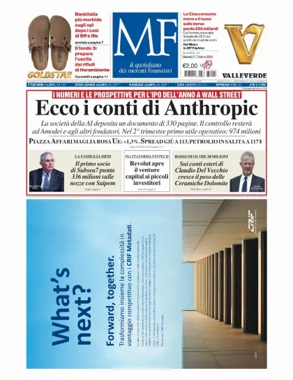 Prima pagina MF Milano Finanza