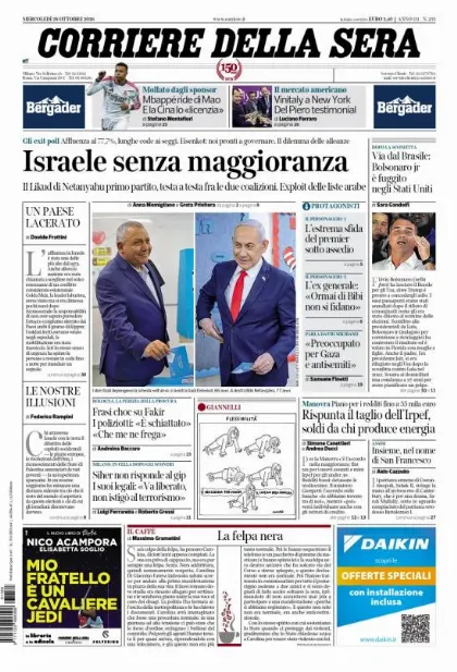 Prima pagina Corriere della Sera