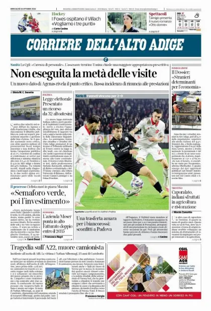 Prima pagina Corriere dell'Alto Adige