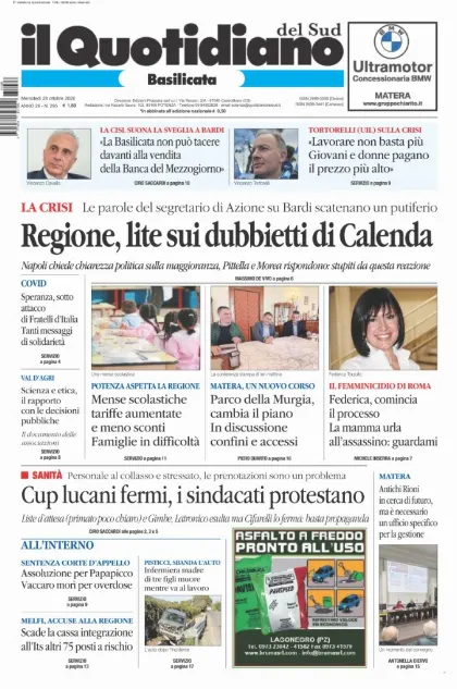 Prima pagina Il Quotidiano del Sud | Basilicata