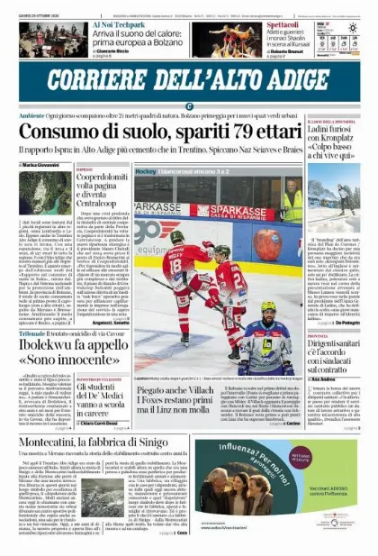 Prima pagina Corriere dell'Alto Adige