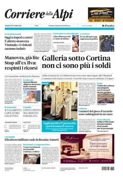 Prima pagina Corriere delle Alpi | Belluno