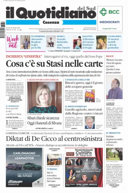 Prima pagina Il Quotidiano del Sud | Cosenza