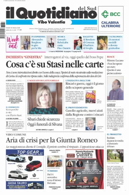Prima pagina Il Quotidiano del Sud | Vibo Valentia