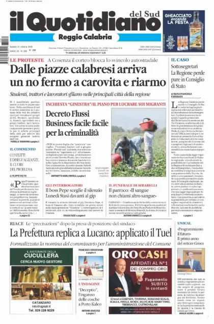 Prima pagina Il Quotidiano del Sud | Reggio Calabria