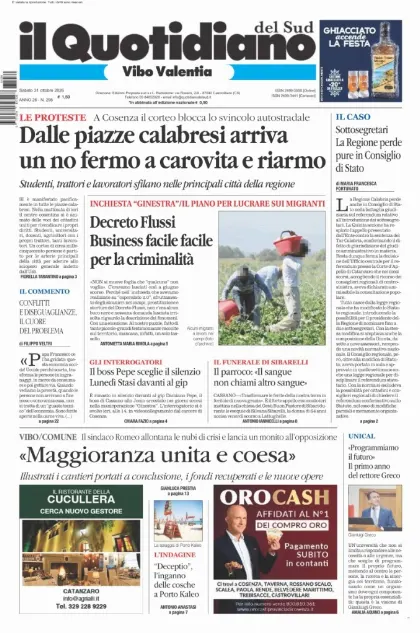 Prima pagina Il Quotidiano del Sud | Vibo Valentia