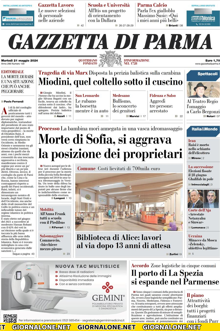 Prima pagina di Gazzetta di Parma