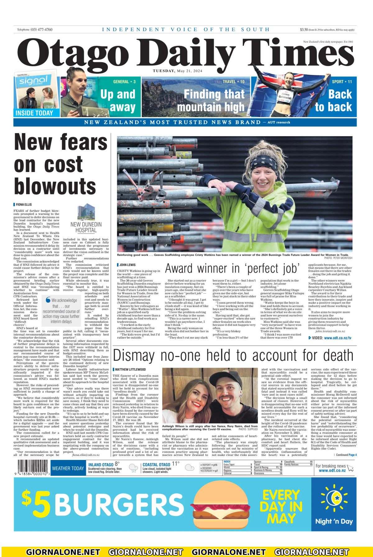Prima pagina di Otago Daily Times