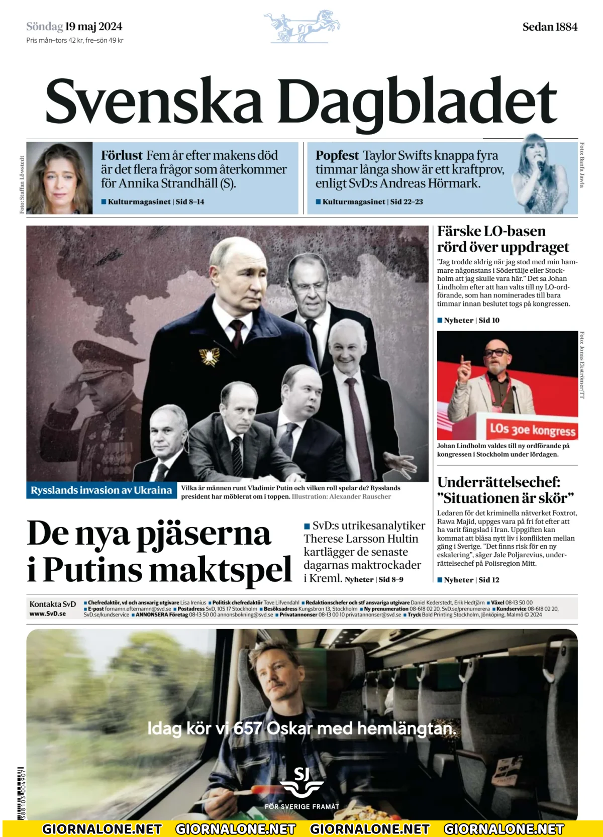 Prima pagina di Svenska Dagbladet