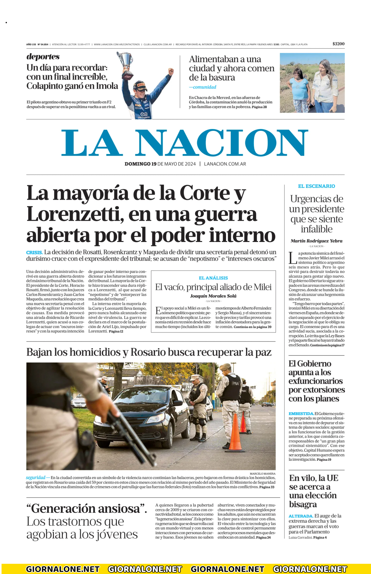 Prima pagina di La Nacion