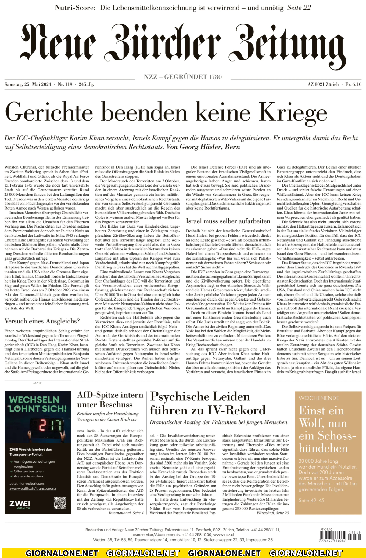 Prima pagina di Neue Zürcher Zeitung