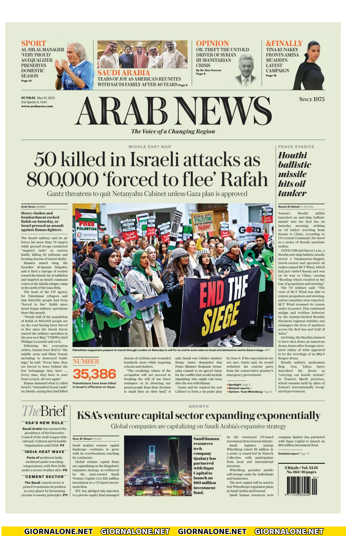 Prima pagina di Arab News